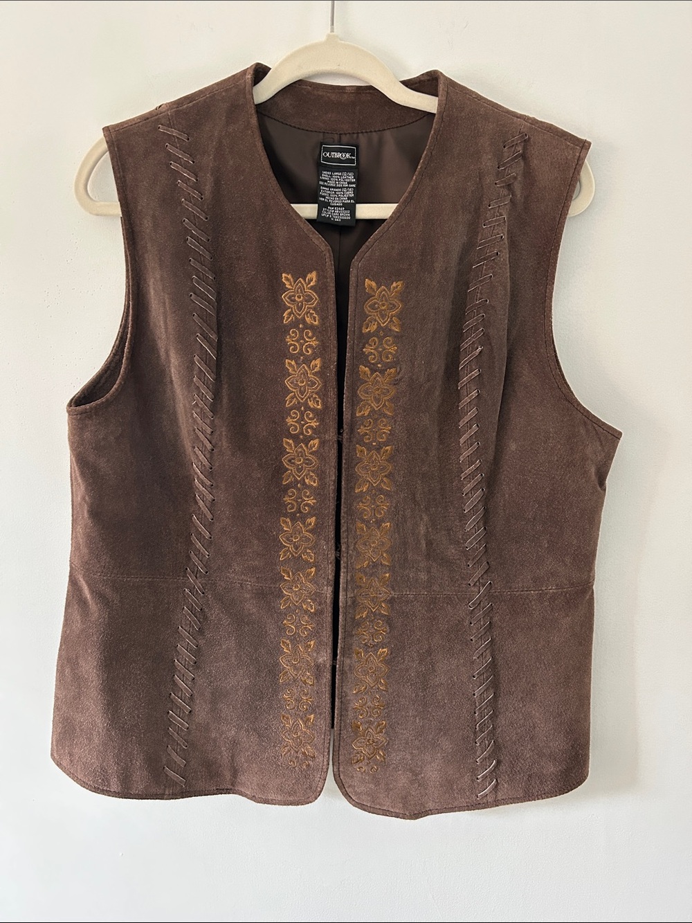 Outbrook Suede Leather Embroidered Vest Women's Large Brown Western Floral Rodeo